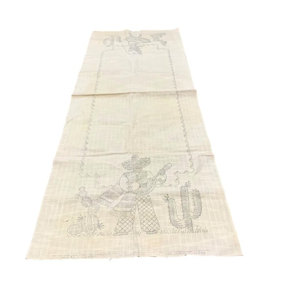 VTG Table Runner Scarf Needlepoint Canvas Mexico Cowboy Dancer Design Cotton - Picture 2 of 7